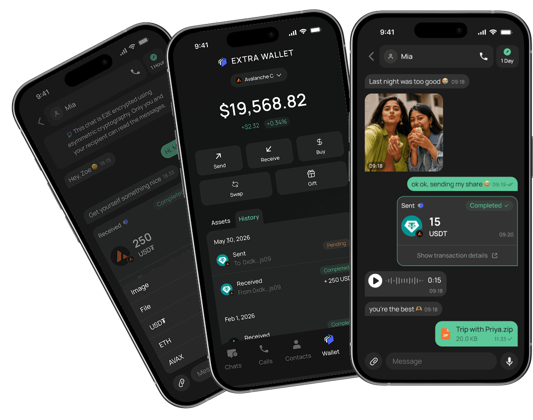 Three phone screens showing the wallet balance, a chat transfer, and a received payment