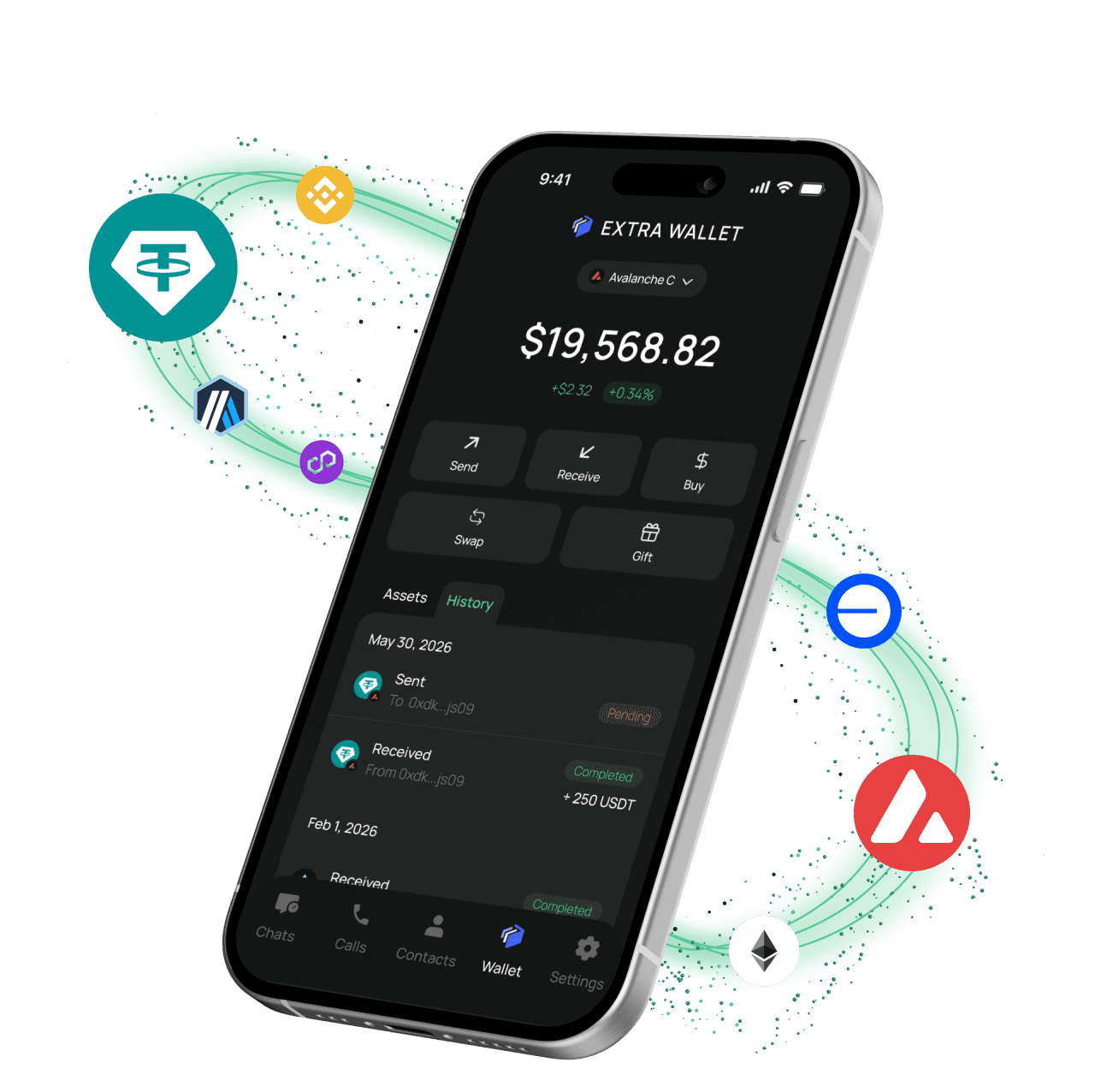 Phone showing the EXTRA WALLET balance screen, orbited by supported network token icons