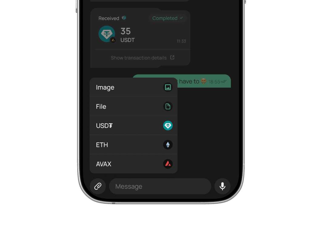 Chat screen showing a token transfer sent as a message