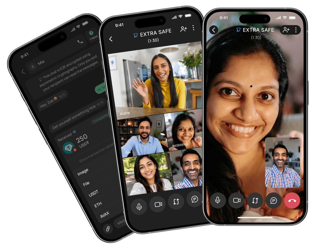 EXTRA SAFE app phone mockups showing an encrypted chat and a group video call