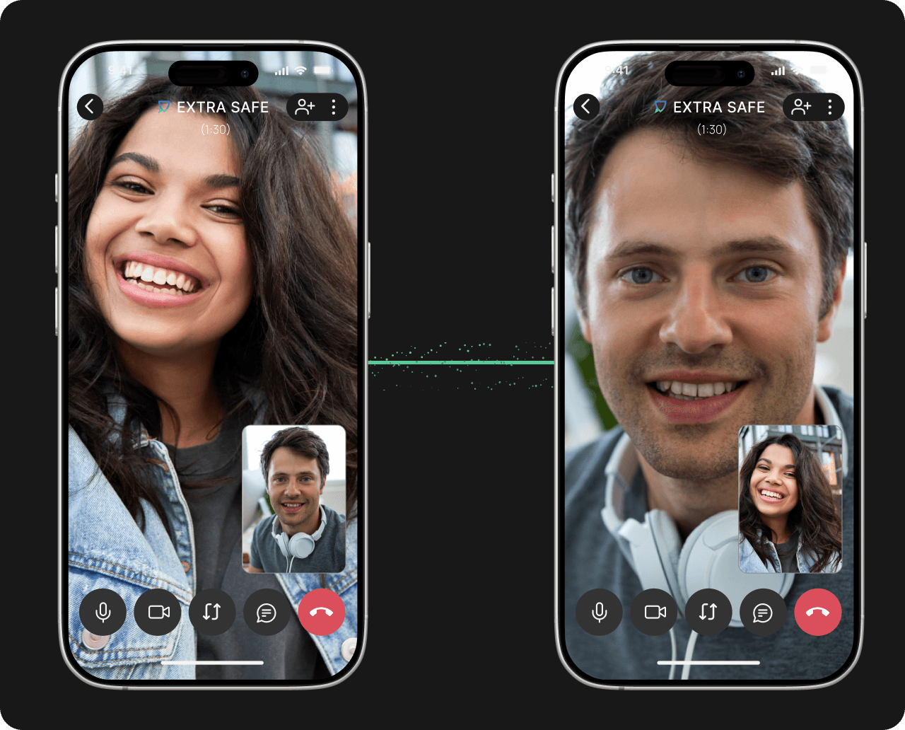 Two EXTRA SAFE app screens showing a direct device-to-device video call
