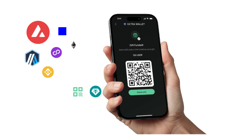 Hand holding a phone showing the Gift Link QR code screen
