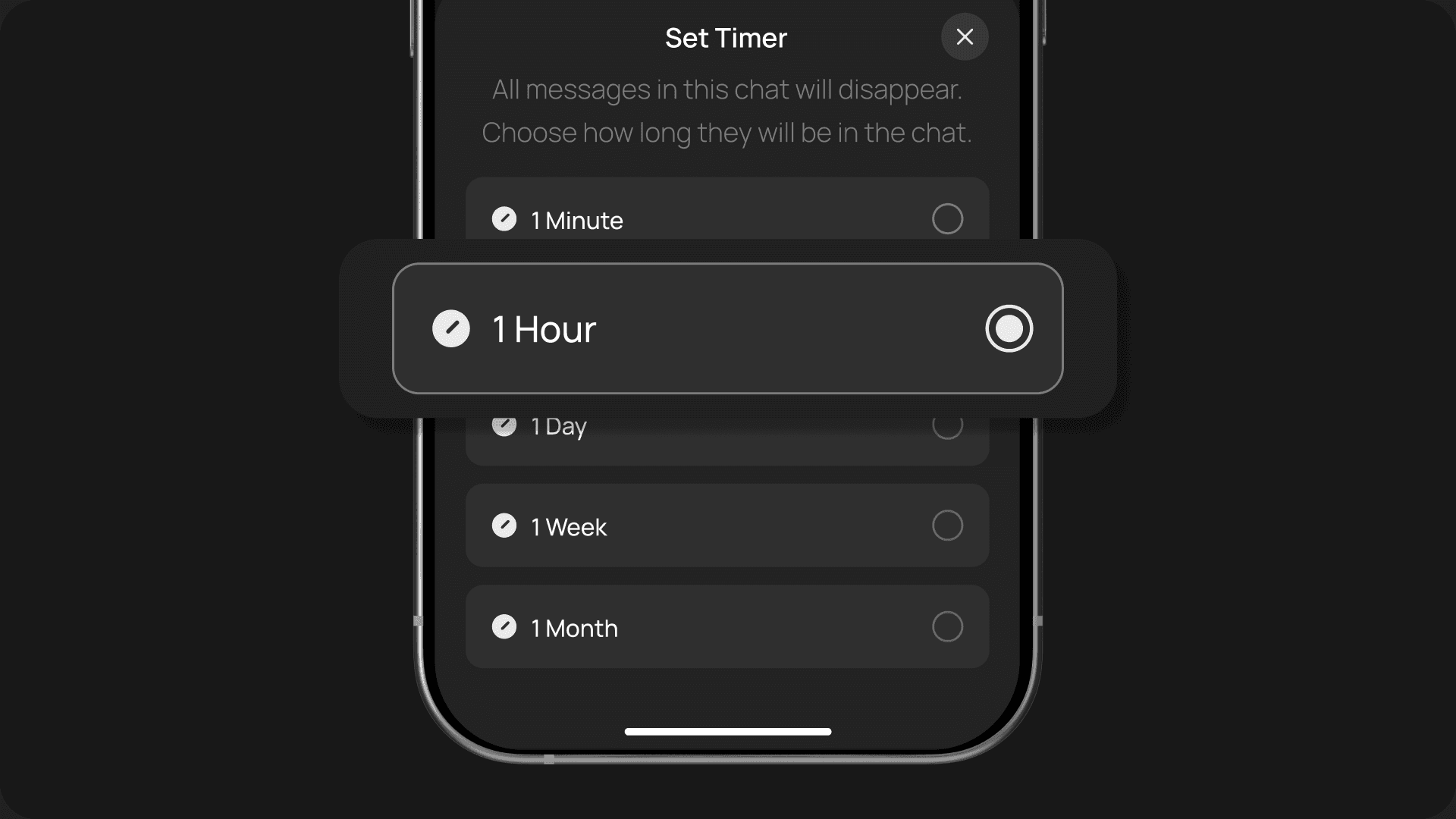 EXTRA SAFE chat screen showing a disappearing-messages timer set on a conversation