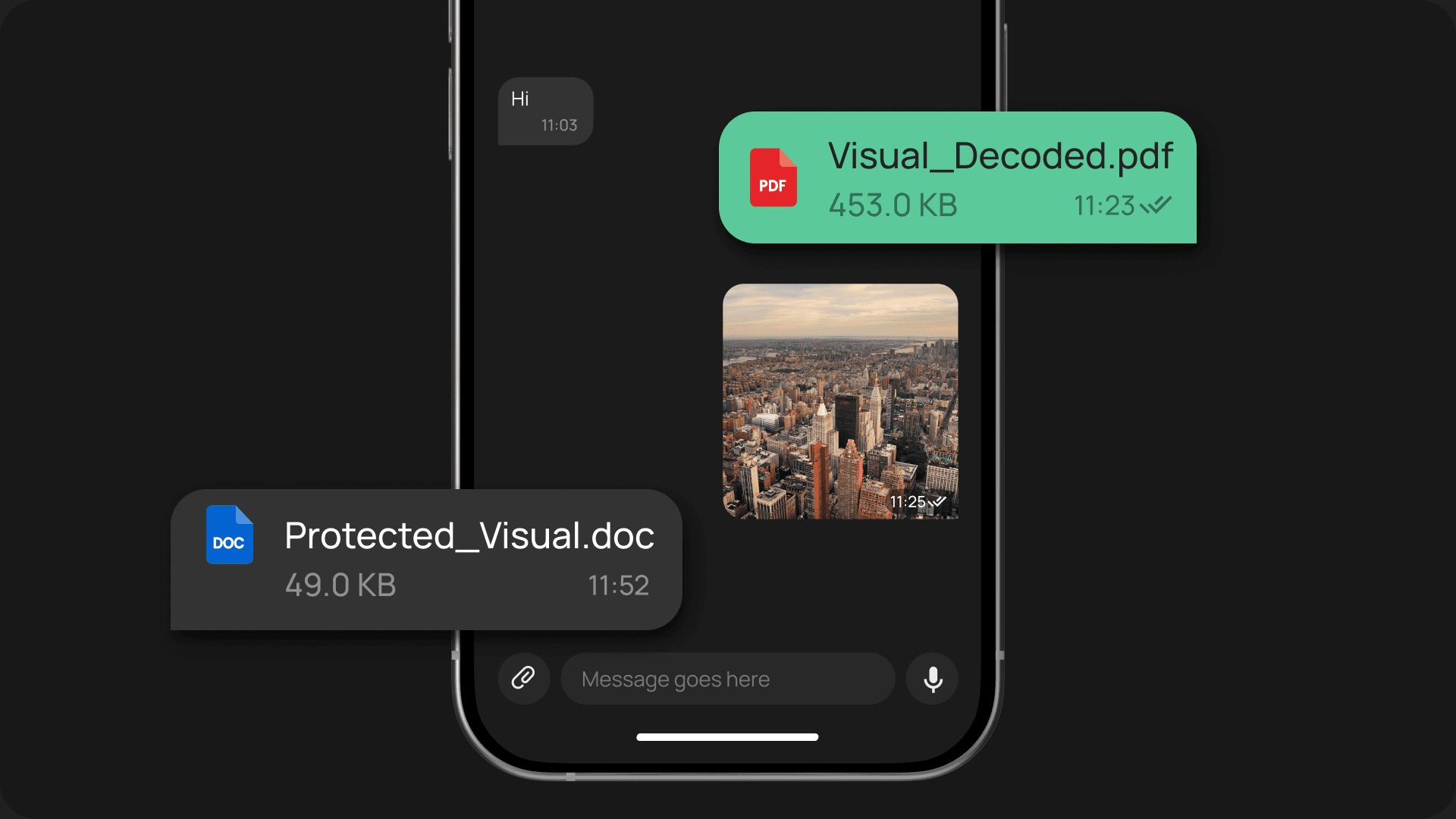 EXTRA SAFE chat screen showing an encrypted document and PDF shared in a conversation