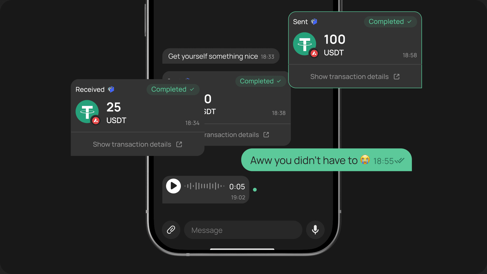 EXTRA SAFE chat screen showing USDT sent and received in a conversation