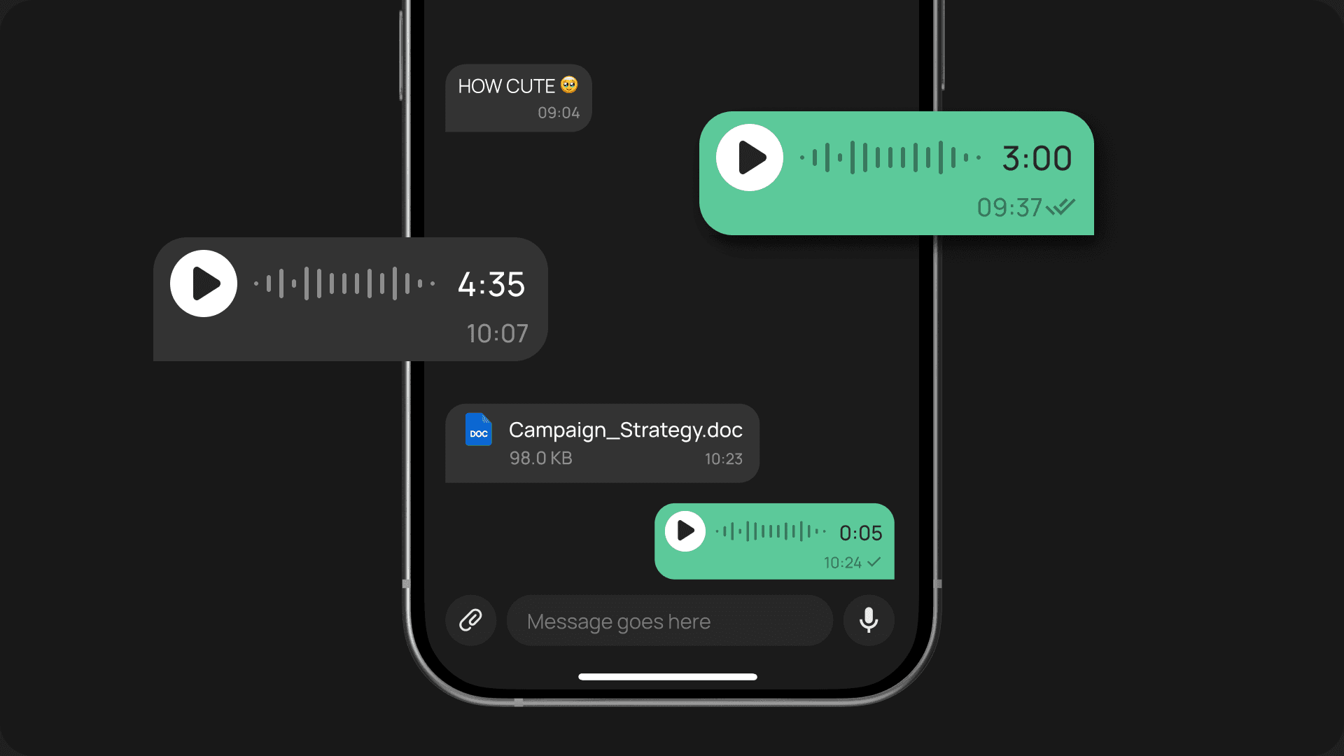 EXTRA SAFE chat screen showing incoming and outgoing voice messages