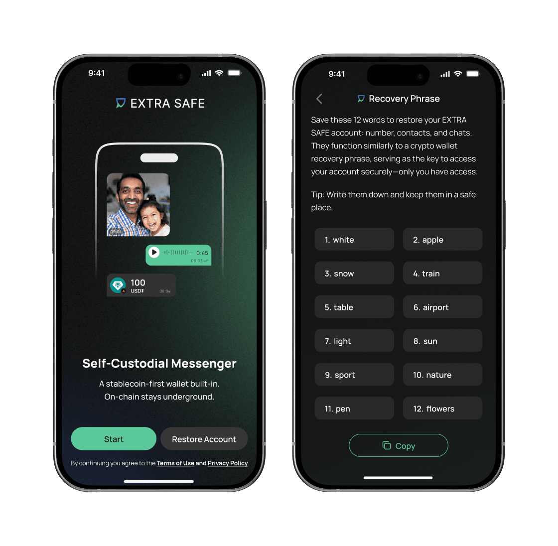 Two EXTRA SAFE app screens: sending tokenized dollars in chat, and the recovery phrase setup screen