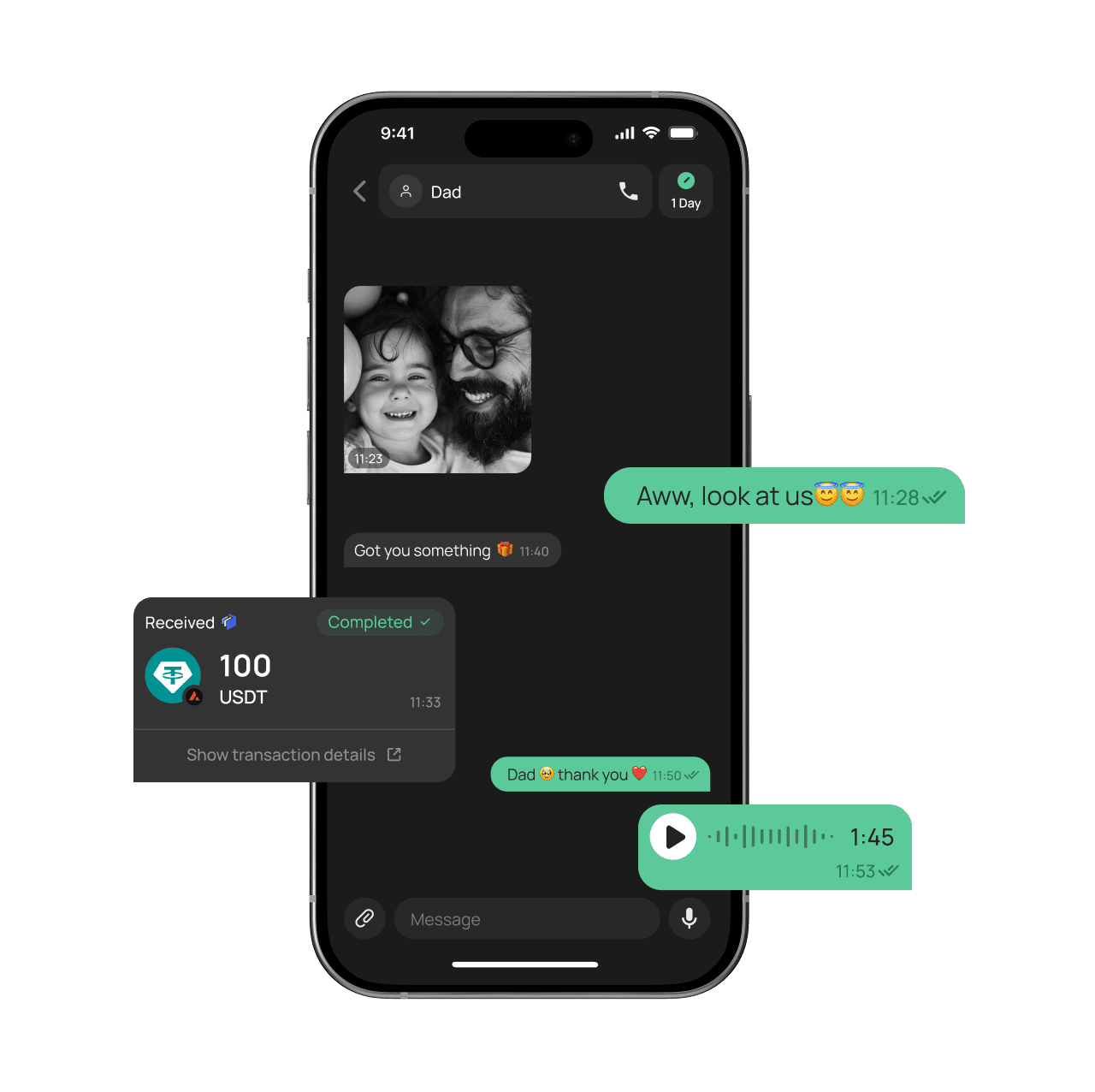 EXTRA SAFE chat screen showing a photo message, a received USDT transaction, and a voice note