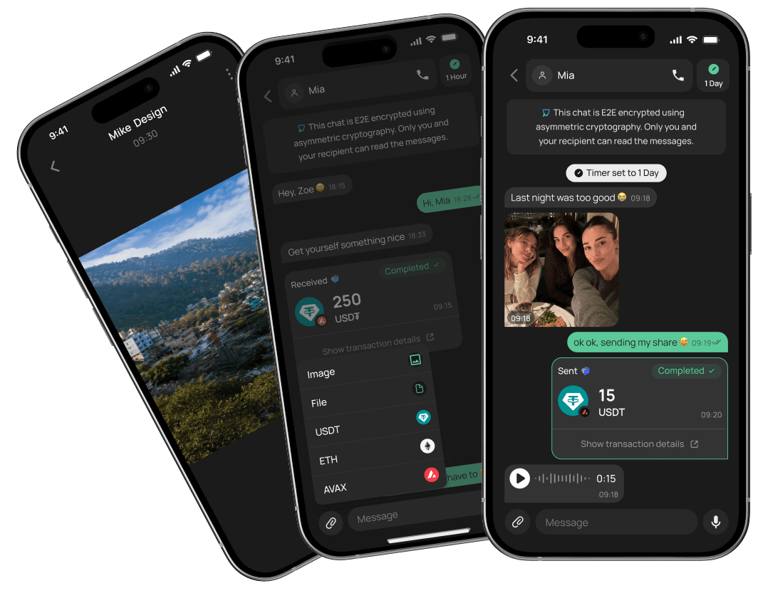 EXTRA SAFE app phone mockups showing chat and wallet features