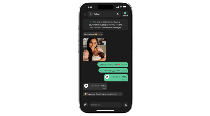 Phone screen showing an encrypted chat conversation