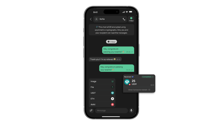Chat screen showing a USD₮ payment sent inside a conversation