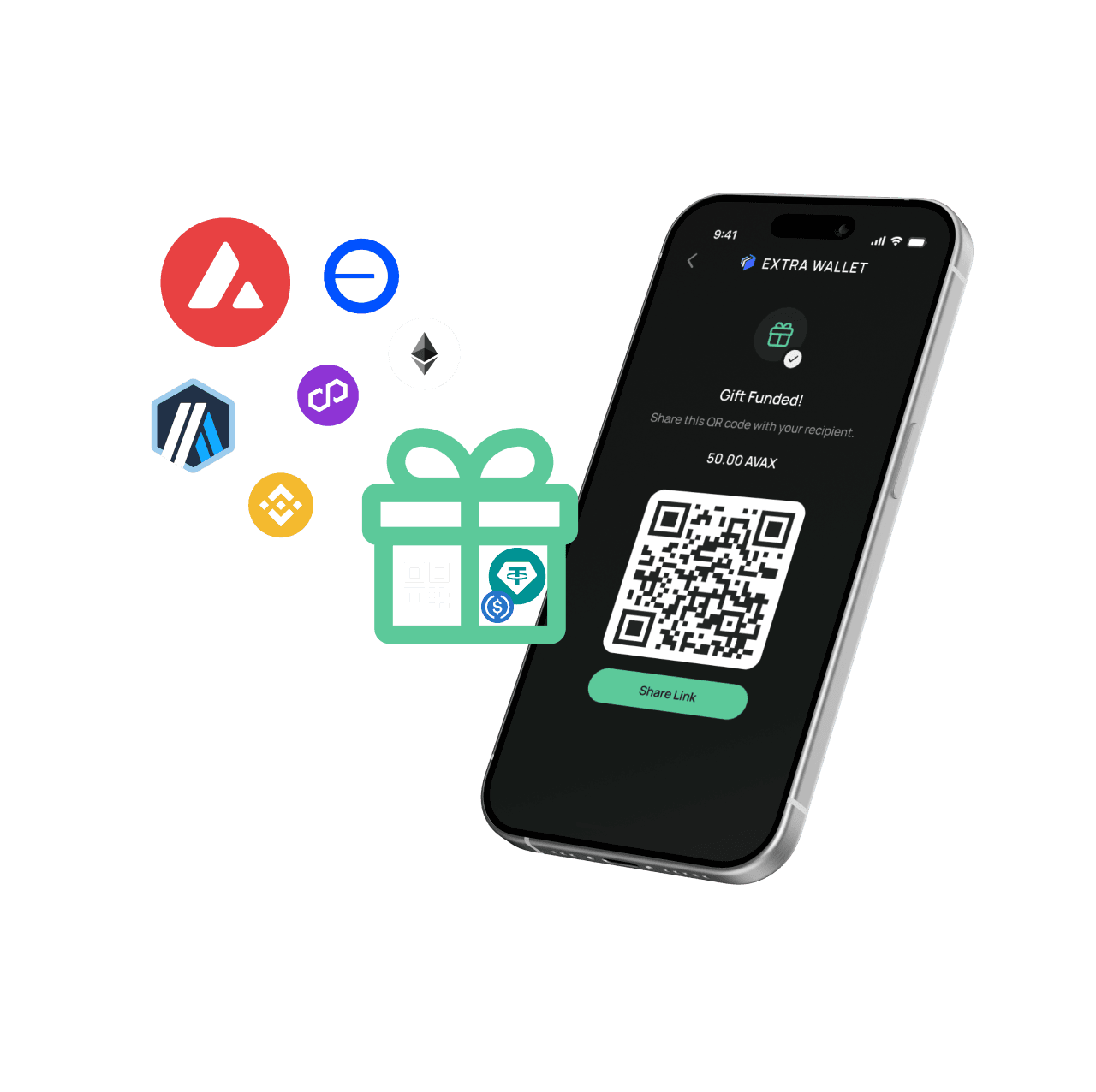 EXTRA SAFE Wallet screen with a QR code, gift icon, and connected crypto network icons