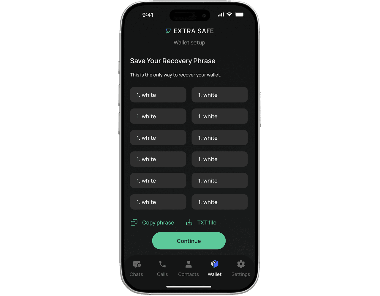 EXTRA SAFE app screen showing the 12-word recovery phrase backup