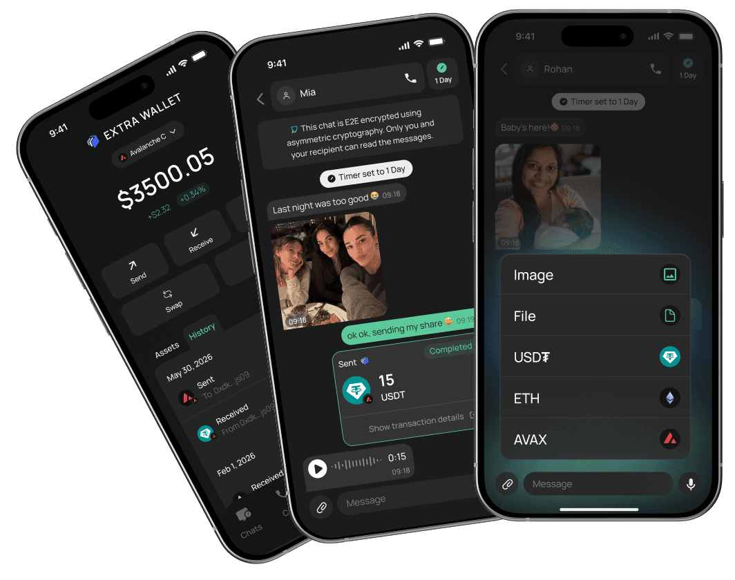 Three phone screens showing the wallet, a chat transfer, and a received payment