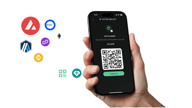 Hand holding a phone showing the Gift Link QR code screen
