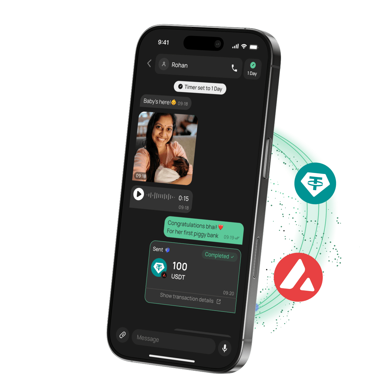 Phone showing a chat with a token transfer, orbited by supported network token icons