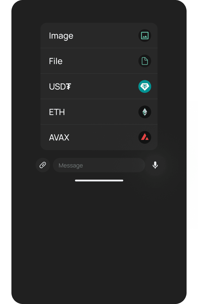 Chat attachment menu with Image, File, USDT, ETH, and AVAX options