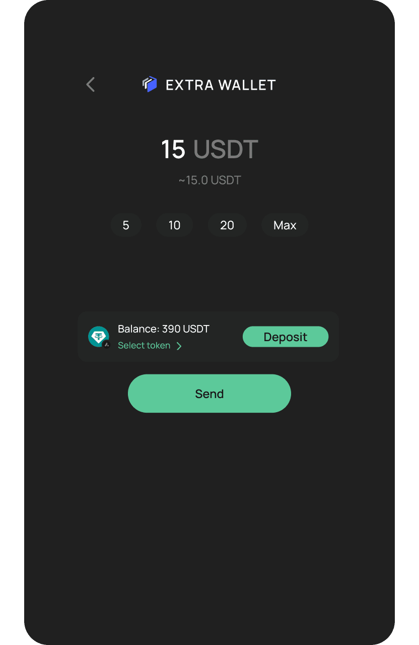Wallet screen for choosing the token, network, and amount to send