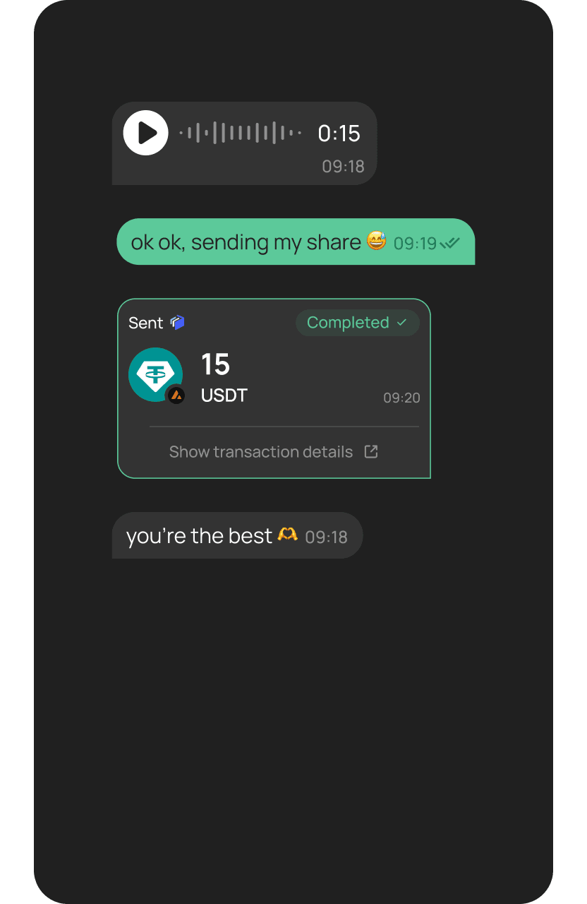 Chat thread showing a completed token transfer message