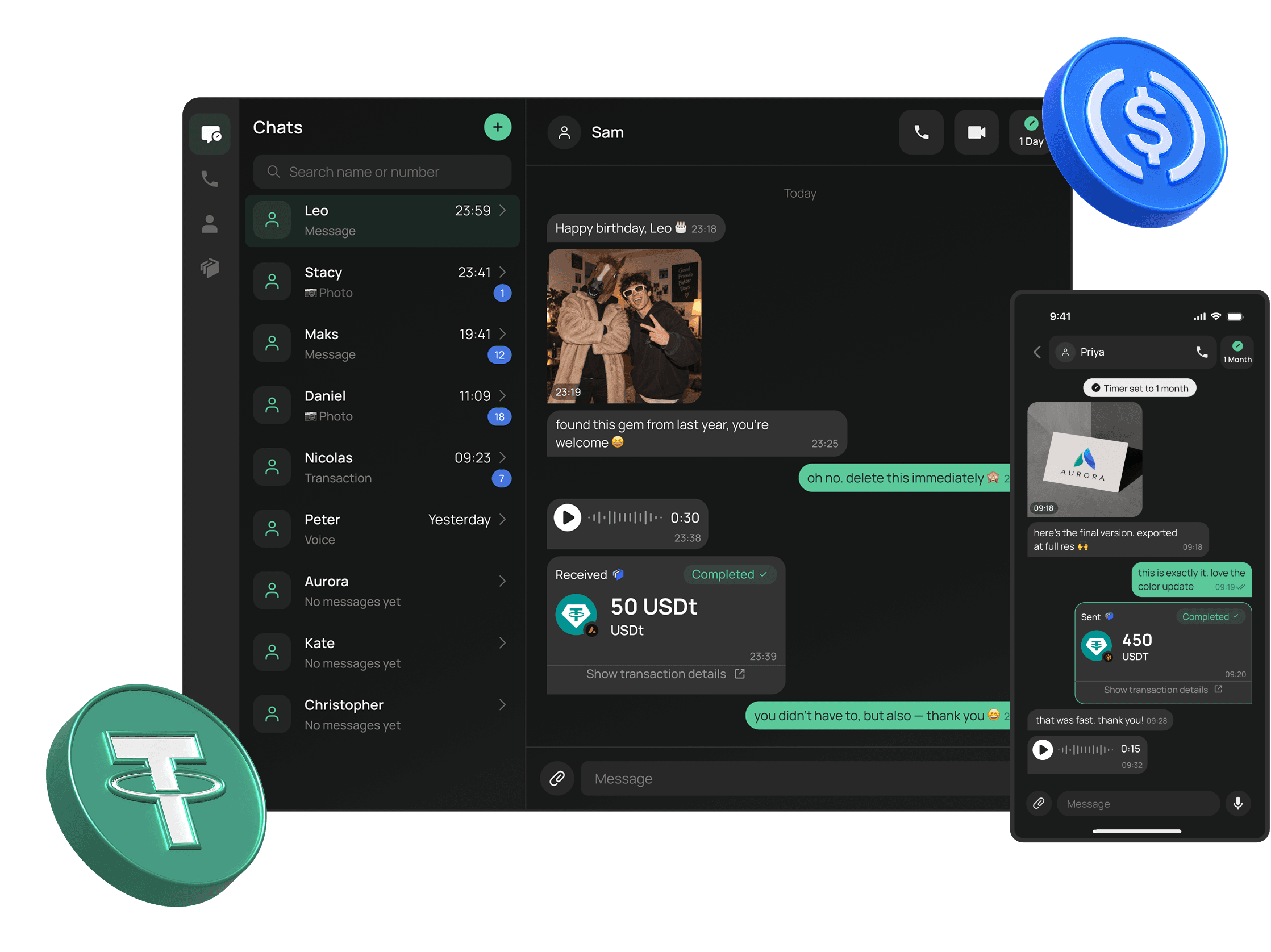 EXTRA SAFE chat open on a computer and a phone, with stablecoin transfers sent inside the conversation