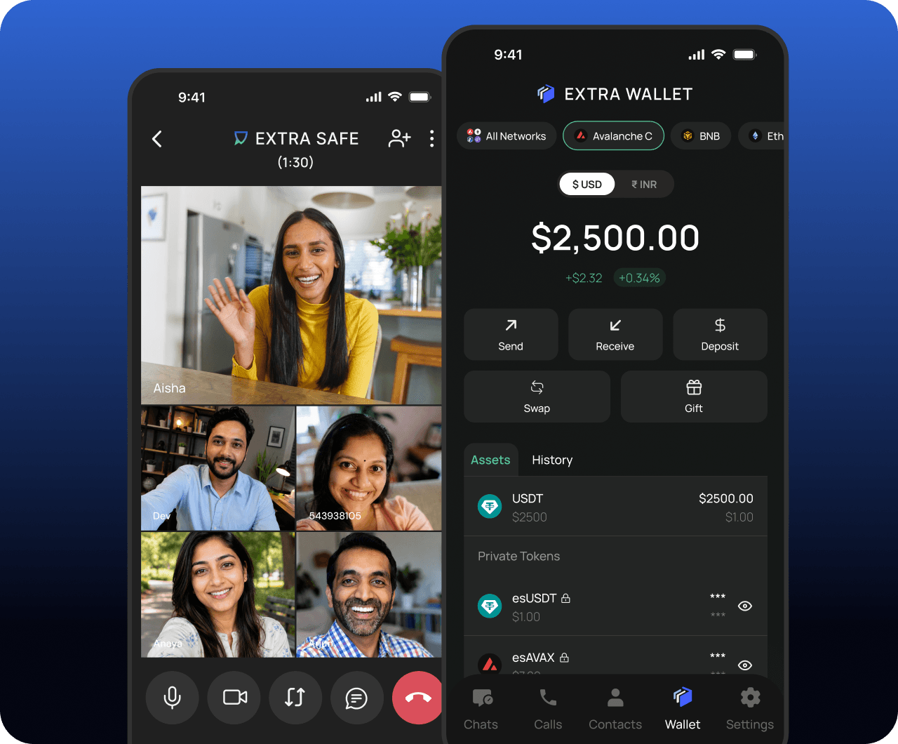 EXTRA SAFE on two phones — a group video call and the wallet balance screen
