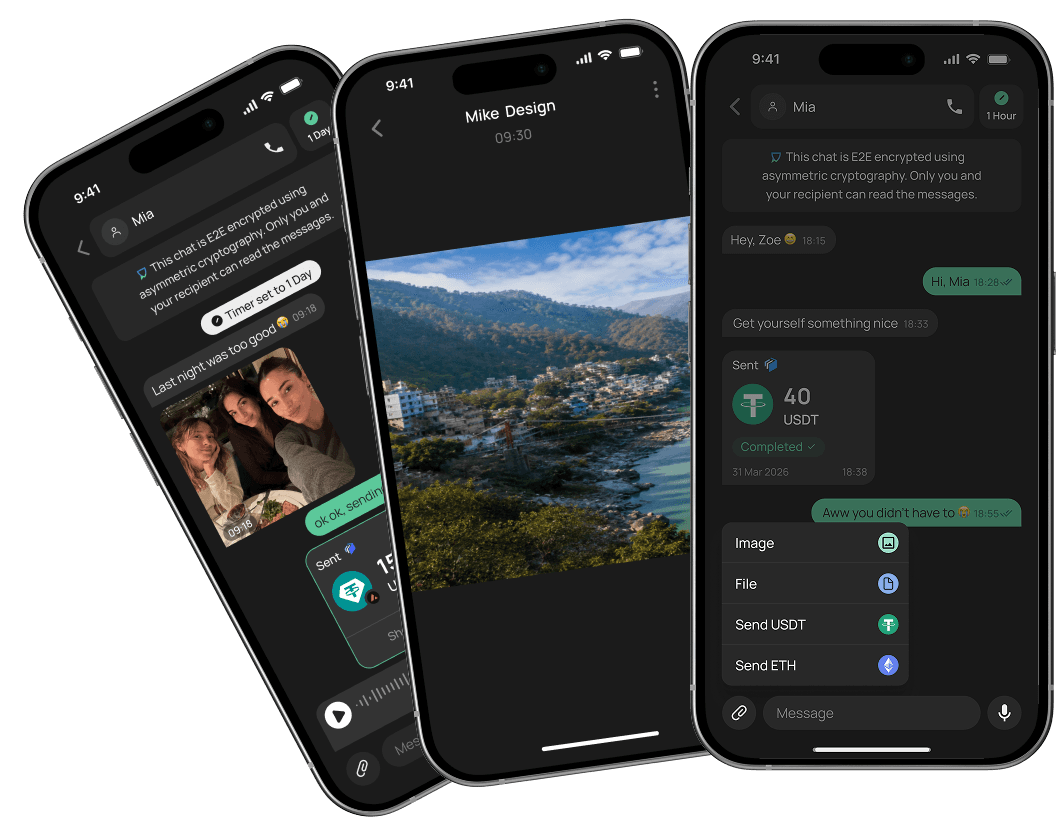 EXTRA SAFE app screens showing an encrypted chat with a photo and a USDT transfer