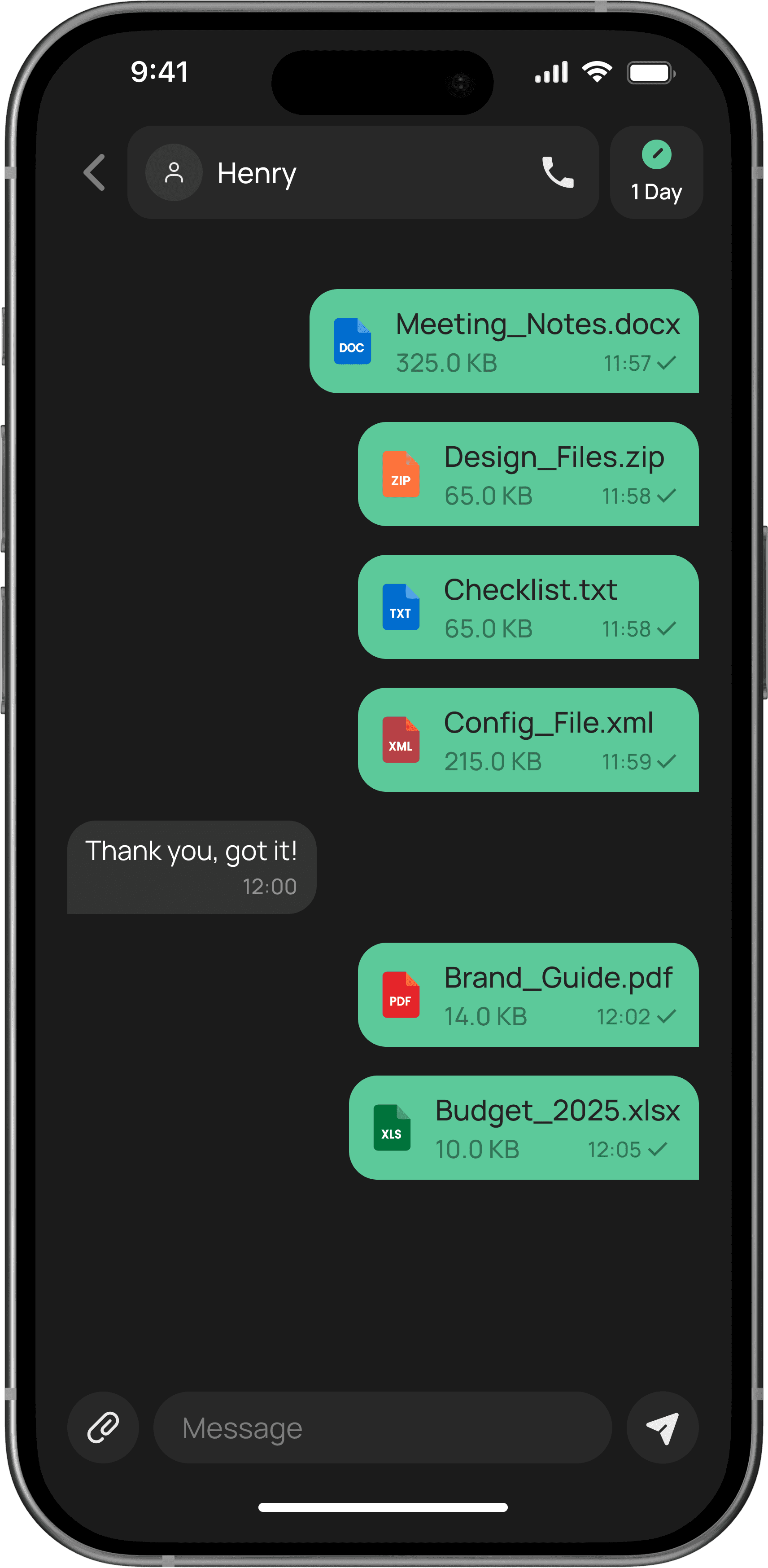 Encrypted file transfer, auto-deleted from chat history after a set time