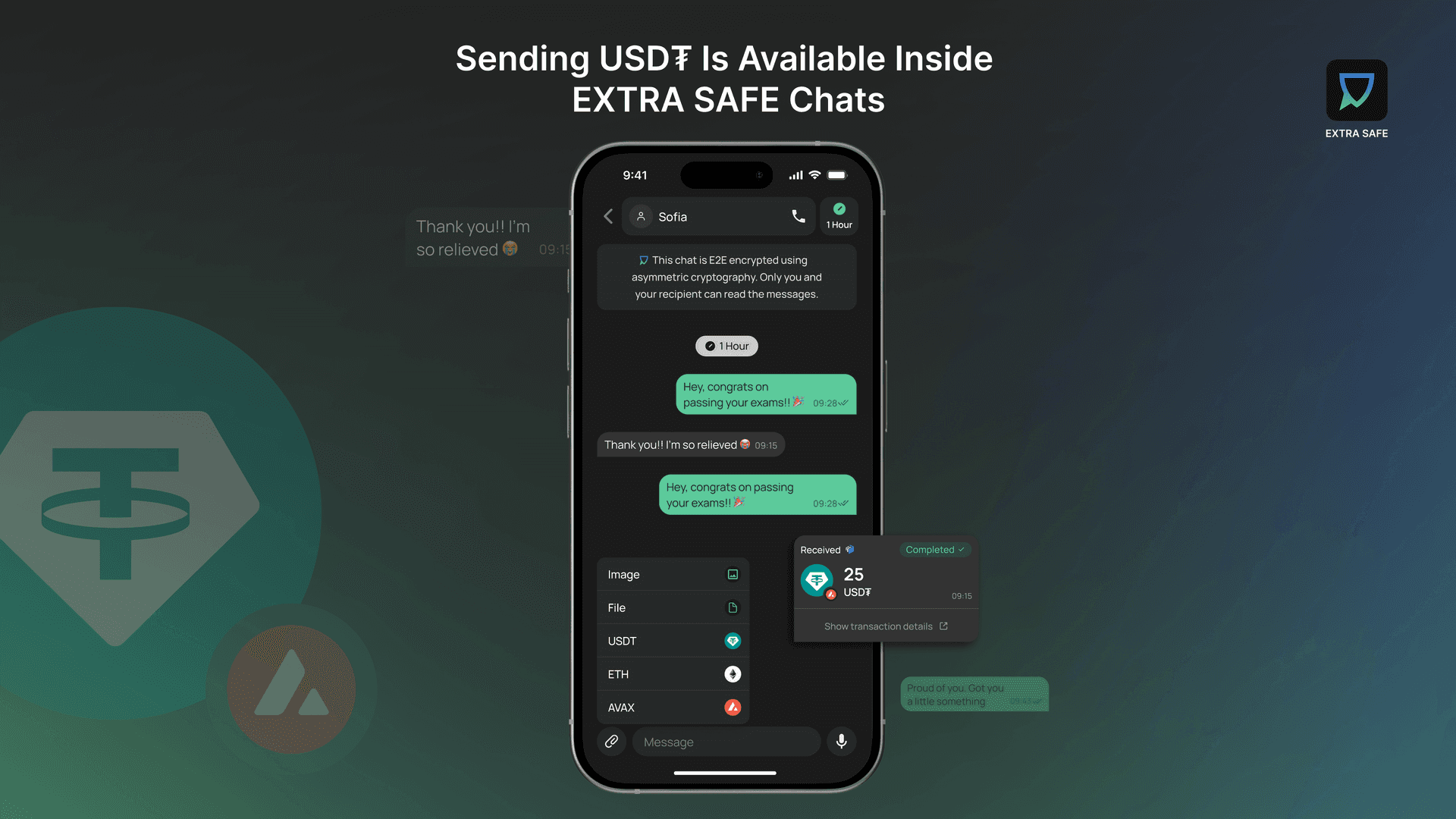 Sending USDT is available inside EXTRA SAFE chats