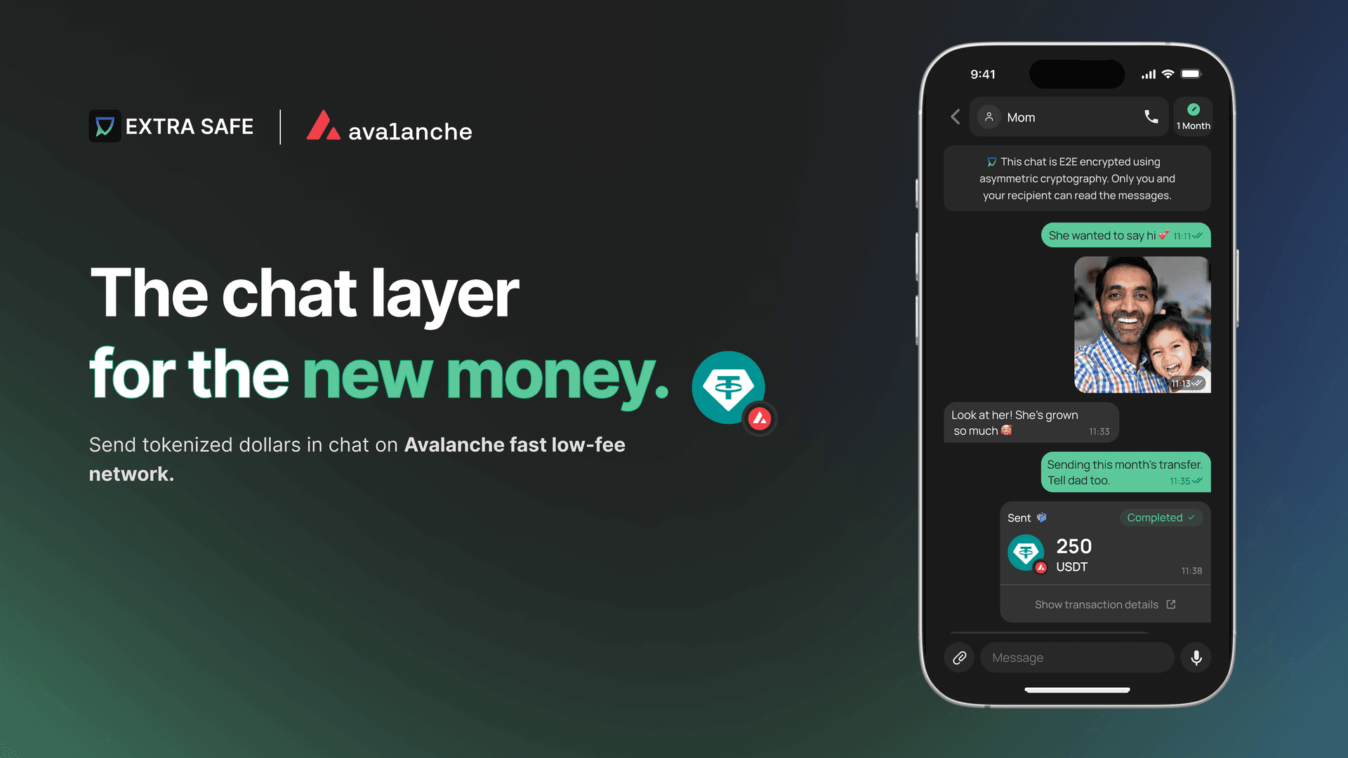 The chat layer for the new money. Send tokenized dollars in chat on Avalanche fast low-fee network.