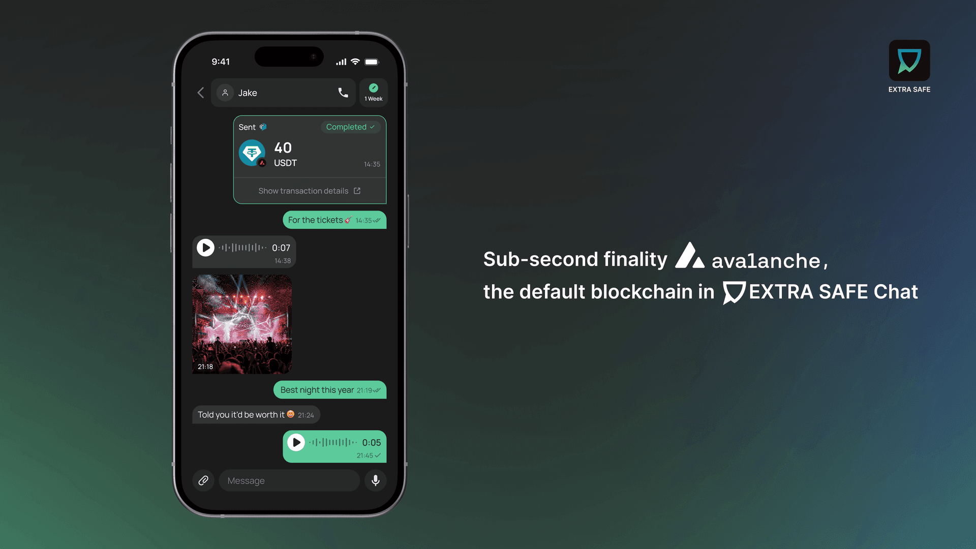 Sub-second transfer finality on Avalanche, the default blockchain in EXTRA SAFE Chat