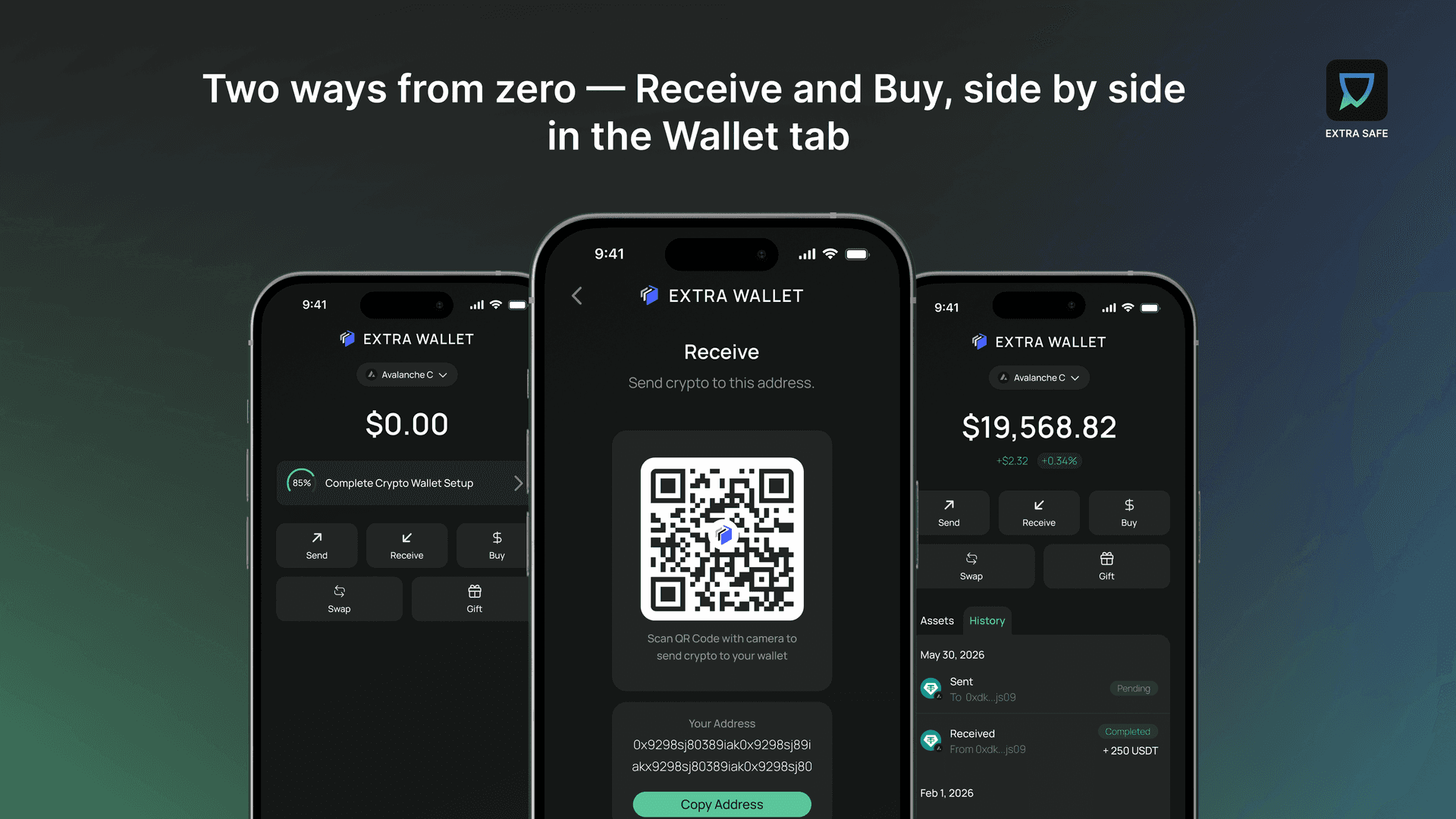 Two ways from zero — Receive and Buy, side by side in the wallet tab