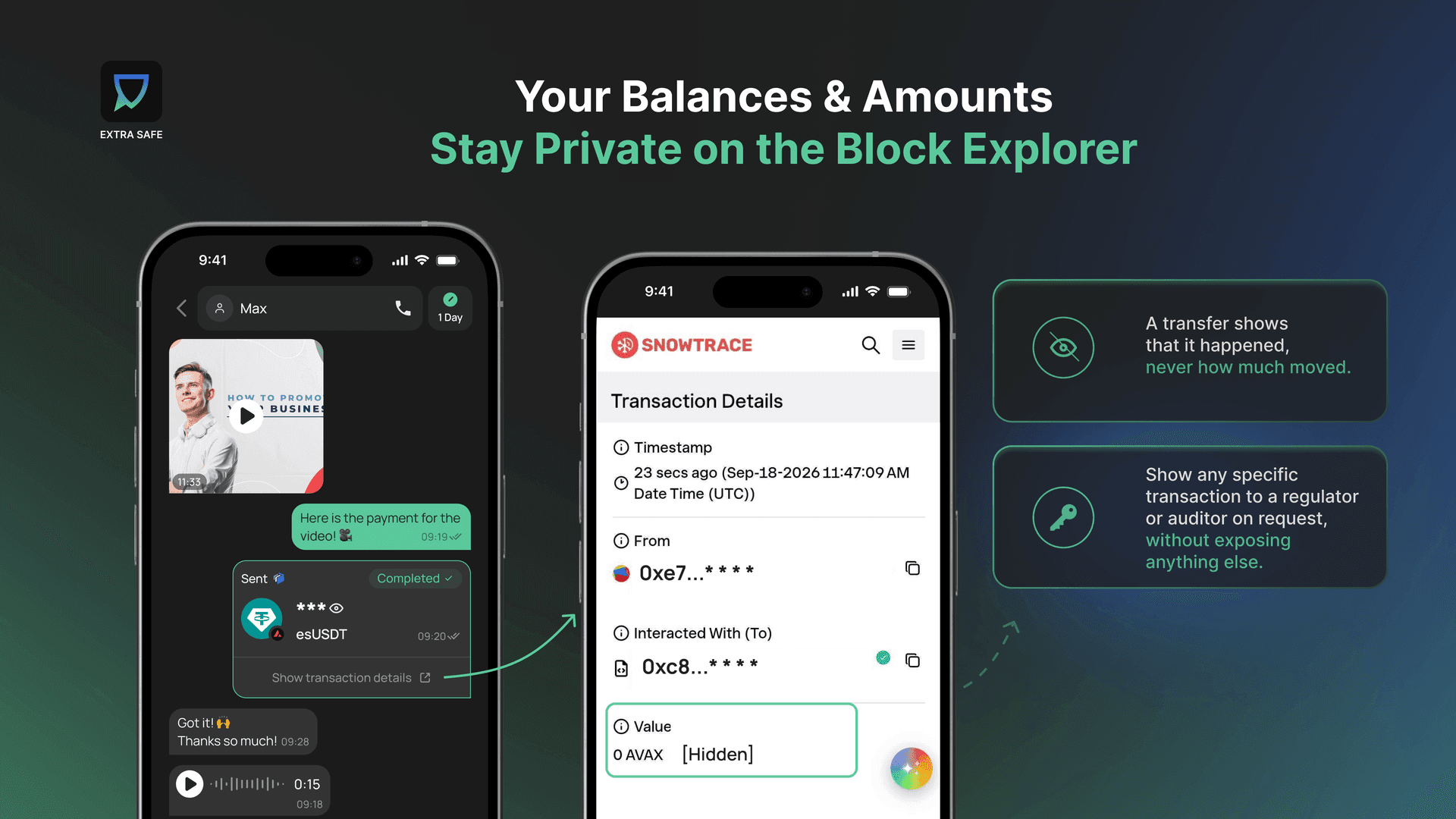 Your balances & amounts stay private on the block explorer